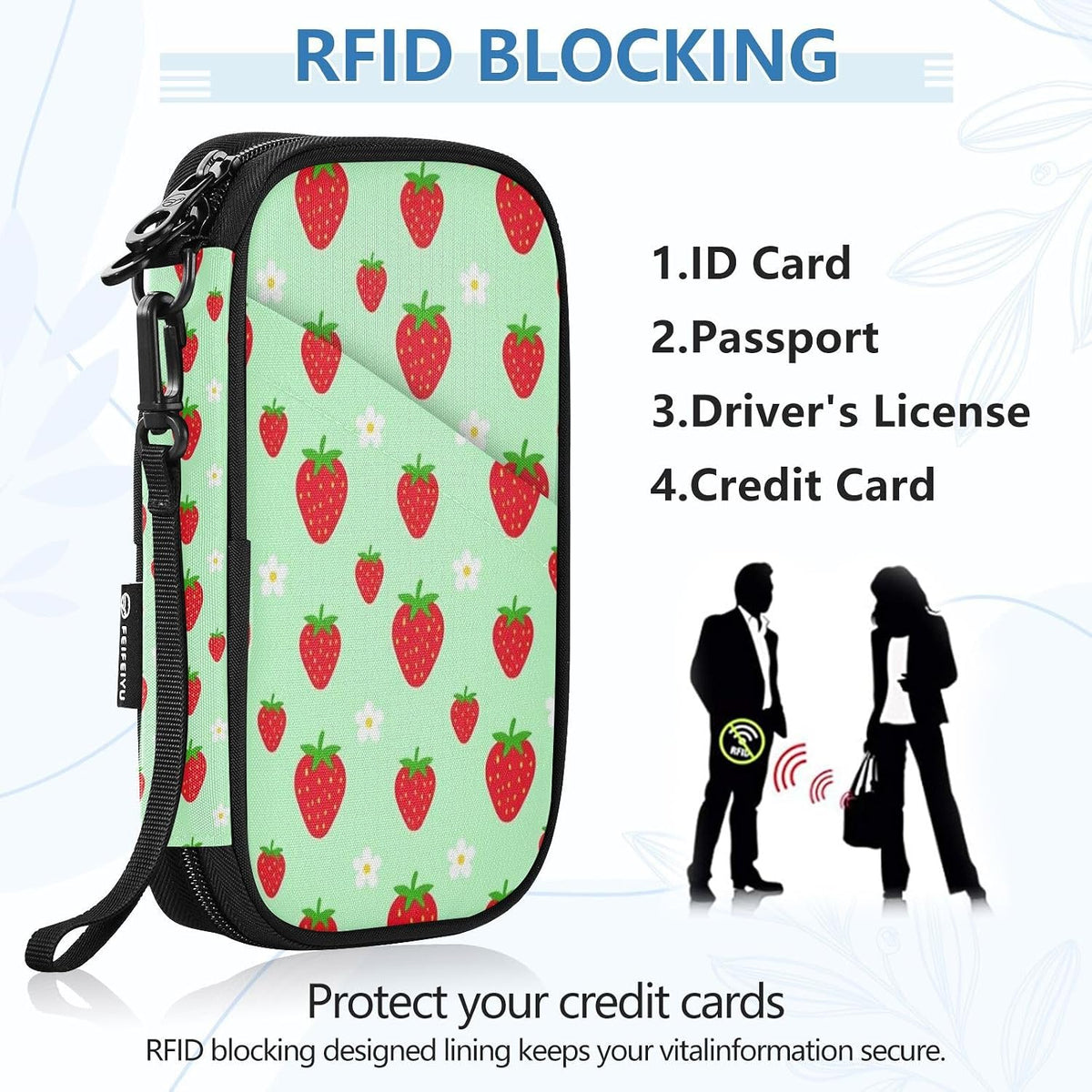 Travel Document Organizer 8.26×5.51×1.18 In | Scratch Resistant Polyester Full Print Multi-Way Carry for Men Women Vacation Mint Strawberries