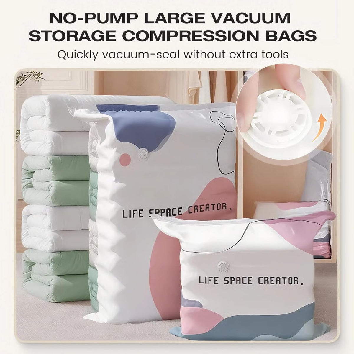 No-Pump Vacuum Storage Bags Cube Compression Space Saver Bags Reusable Large-Capacity Vacuum Bags Press & Seal for Clothes Comforters Blankets Bedding Travel Home Organization (2PCS-Small)