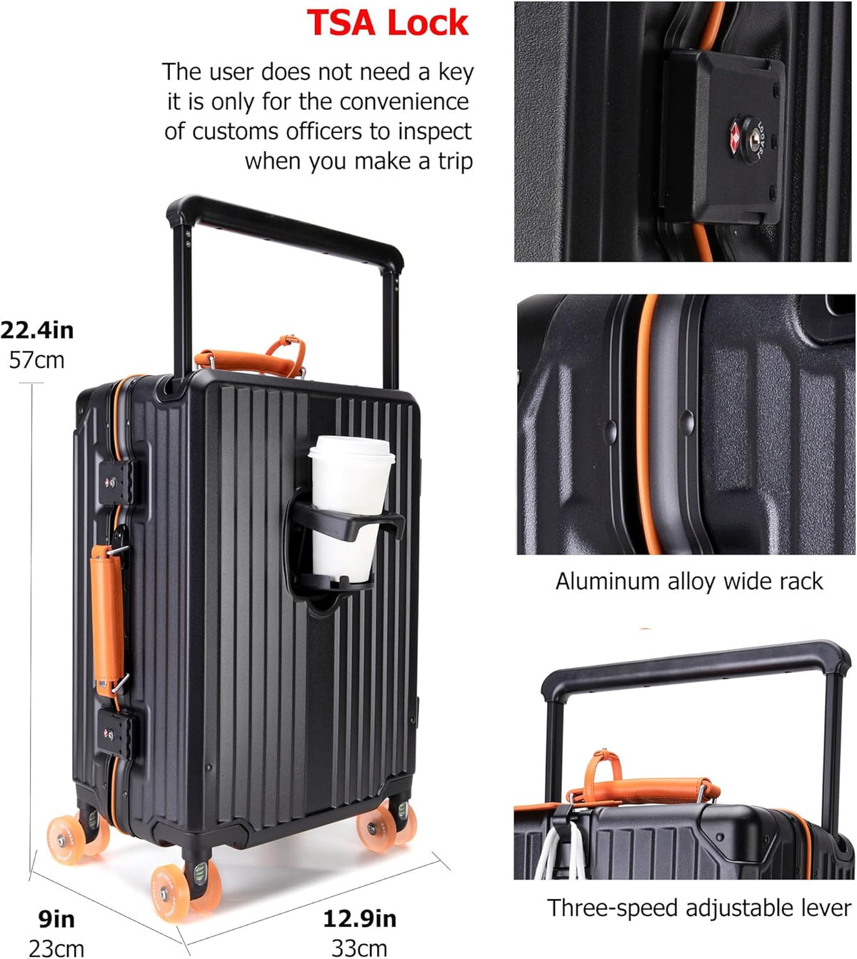 PC Carry On Luggage, Aluminum Frame Wide Handle, TSA Lock | Front laptop compartment, PC+ABS shell and spinner wheels keep work essentials reachable for meetings and airports