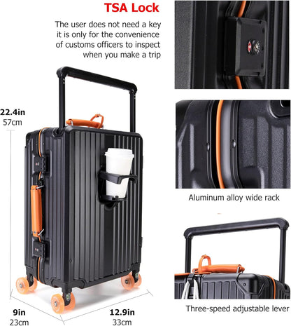 PC Carry On Luggage, Aluminum Frame Wide Handle, TSA Lock | Front laptop compartment, PC+ABS shell and spinner wheels keep work essentials reachable for meetings and airports