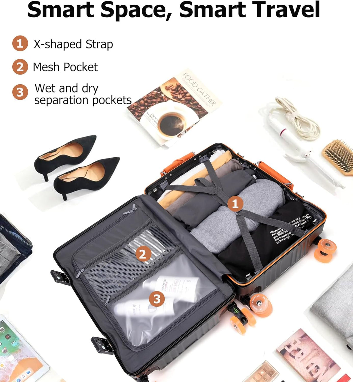 PC Carry On Luggage, Aluminum Frame Wide Handle, TSA Lock | Front laptop compartment, PC+ABS shell and spinner wheels keep work essentials reachable for meetings and airports