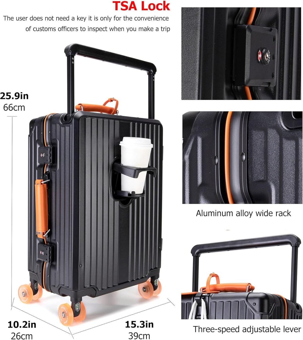 PC Carry On Luggage, Aluminum Frame Wide Handle, TSA Lock | Front laptop compartment, PC+ABS shell and spinner wheels keep work essentials reachable for meetings and airports