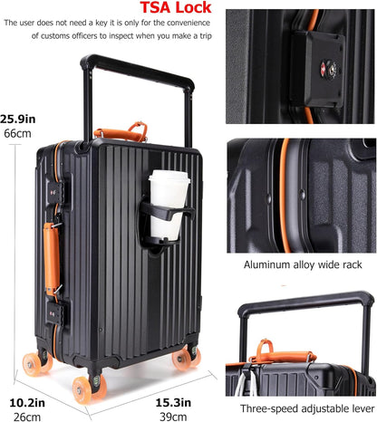 PC Carry On Luggage, Aluminum Frame Wide Handle, TSA Lock | Front laptop compartment, PC+ABS shell and spinner wheels keep work essentials reachable for meetings and airports