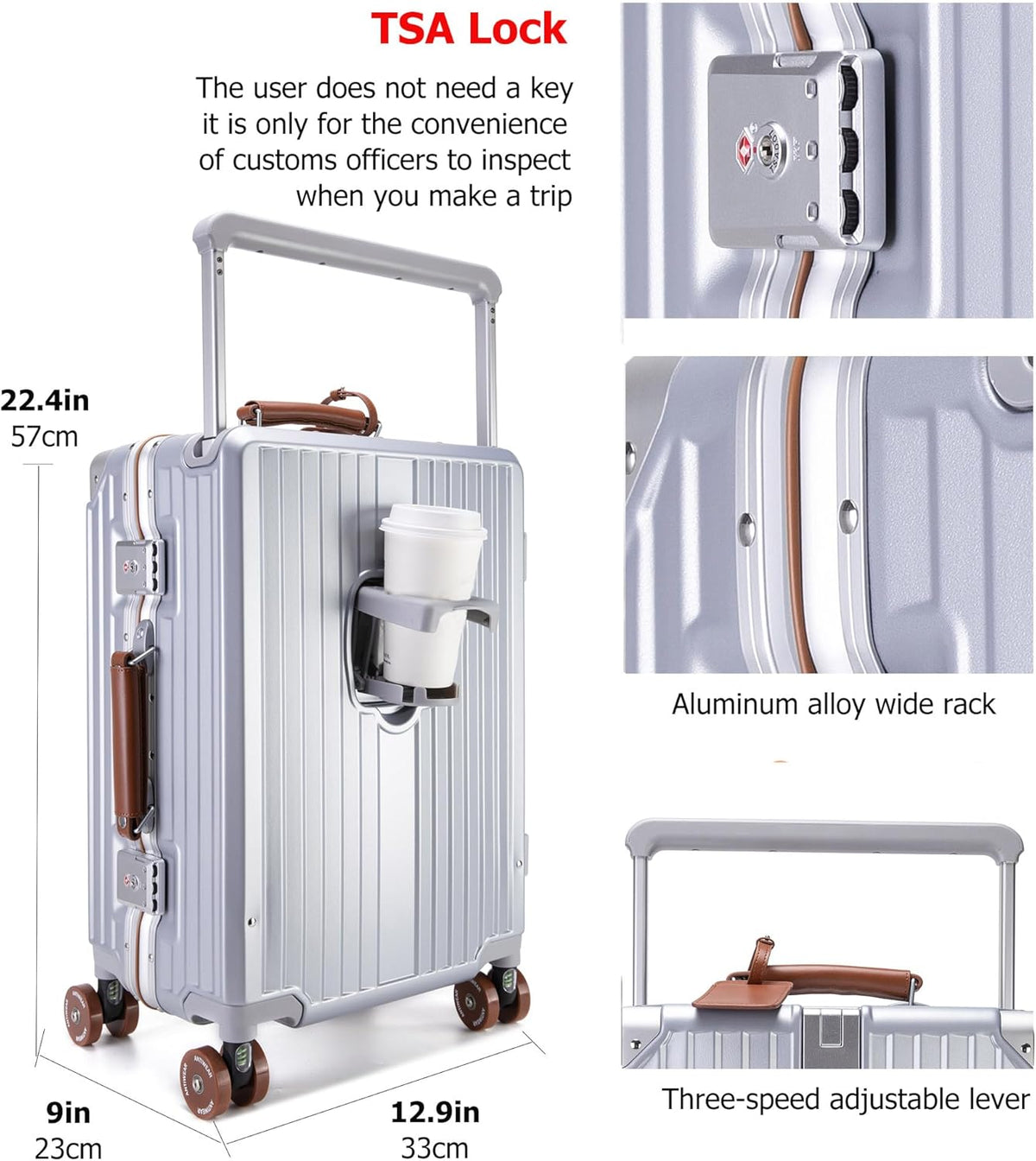 PC Carry On Luggage, Aluminum Frame Wide Handle, TSA Lock | Front laptop compartment, PC+ABS shell and spinner wheels keep work essentials reachable for meetings and airports