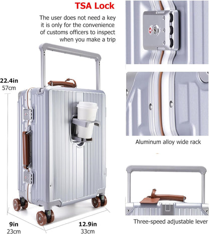 PC Carry On Luggage, Aluminum Frame Wide Handle, TSA Lock | Front laptop compartment, PC+ABS shell and spinner wheels keep work essentials reachable for meetings and airports