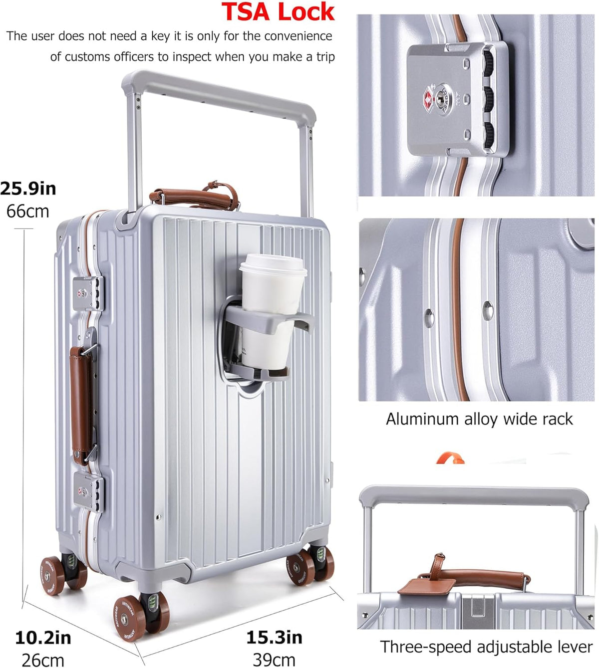 PC Carry On Luggage, Aluminum Frame Wide Handle, TSA Lock | Front laptop compartment, PC+ABS shell and spinner wheels keep work essentials reachable for meetings and airports