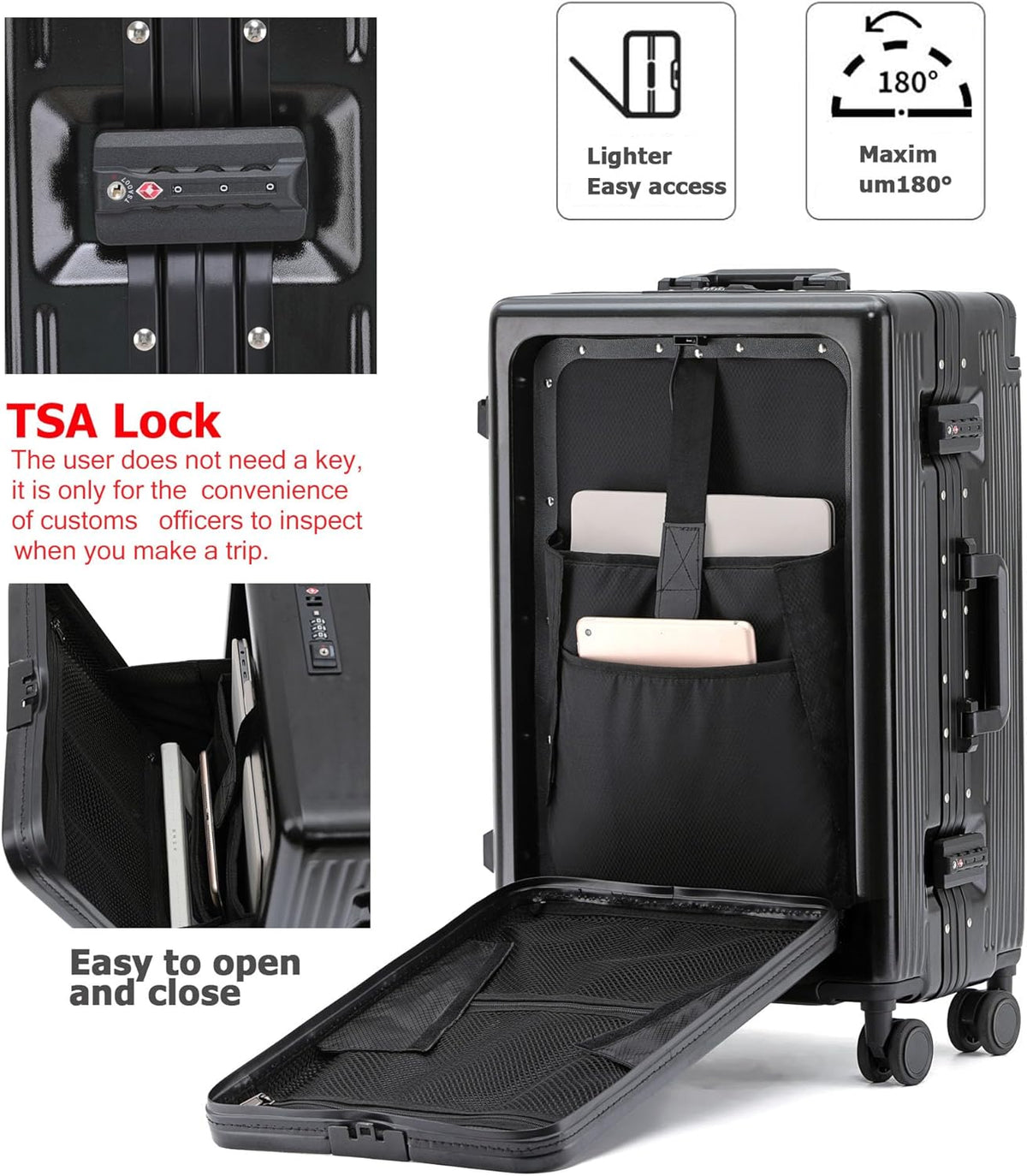 PC Carry On Luggage, Aluminum Frame Wide Handle, TSA Lock | Front laptop compartment, PC+ABS shell and spinner wheels keep work essentials reachable for meetings and airports