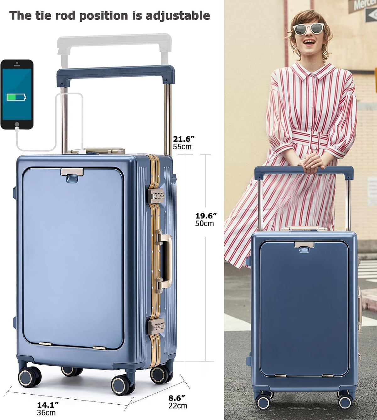 PC Carry On Luggage, Aluminum Frame Wide Handle, TSA Lock | Front laptop compartment, PC+ABS shell and spinner wheels keep work essentials reachable for meetings and airports