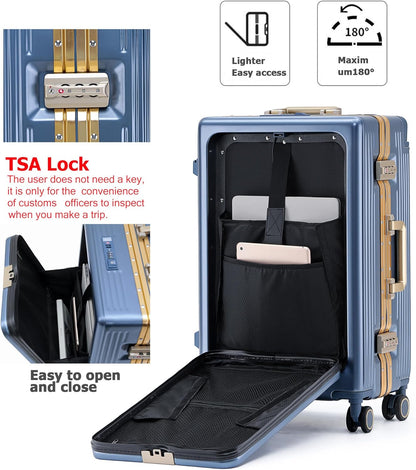 PC Carry On Luggage, Aluminum Frame Wide Handle, TSA Lock | Front laptop compartment, PC+ABS shell and spinner wheels keep work essentials reachable for meetings and airports