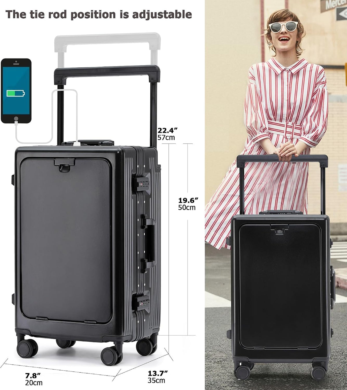 PC Carry On Luggage, Aluminum Frame Wide Handle, TSA Lock | Front laptop compartment, PC+ABS shell and spinner wheels keep work essentials reachable for meetings and airports
