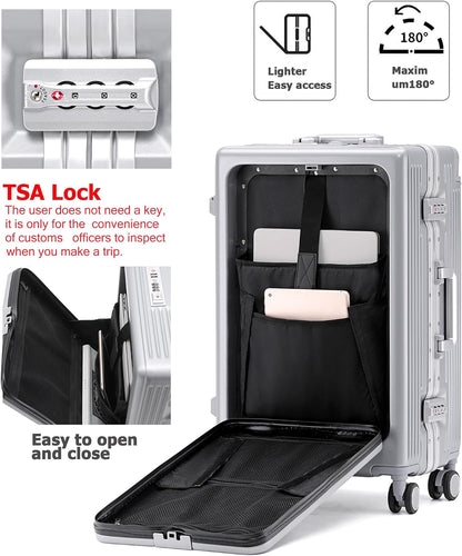 PC Carry On Luggage, Aluminum Frame Wide Handle, TSA Lock | Front laptop compartment, PC+ABS shell and spinner wheels keep work essentials reachable for meetings and airports