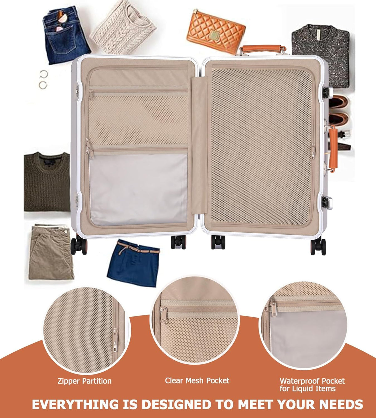 PC Carry On Luggage, Aluminum Frame Wide Handle, TSA Lock | Front laptop compartment, PC+ABS shell and spinner wheels keep work essentials reachable for meetings and airports