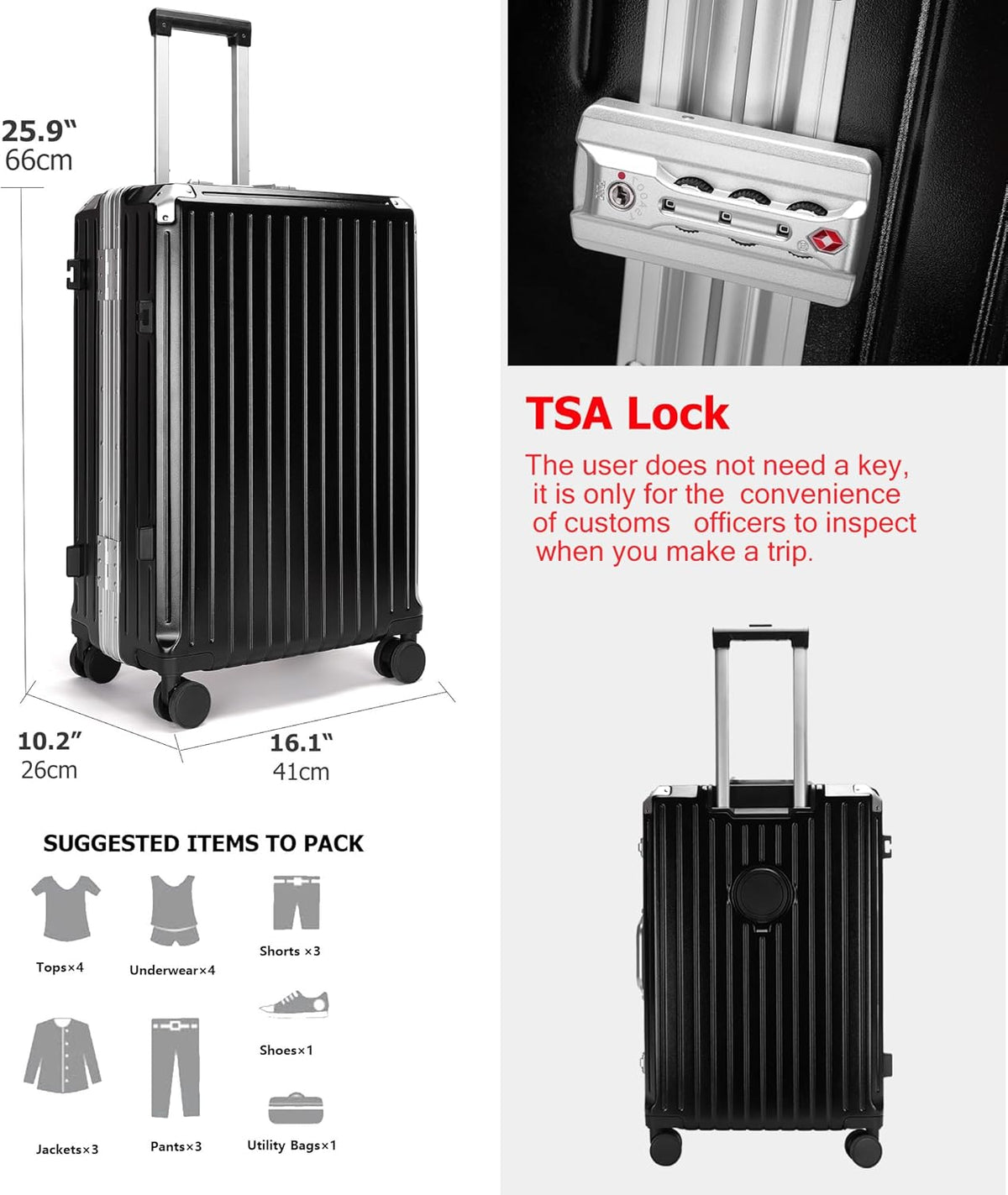 PC Carry On Luggage, Aluminum Frame Wide Handle, TSA Lock | Front laptop compartment, PC+ABS shell and spinner wheels keep work essentials reachable for meetings and airports