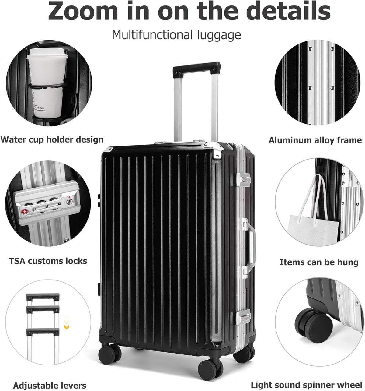 PC Carry On Luggage, Aluminum Frame Wide Handle, TSA Lock | Front laptop compartment, PC+ABS shell and spinner wheels keep work essentials reachable for meetings and airports