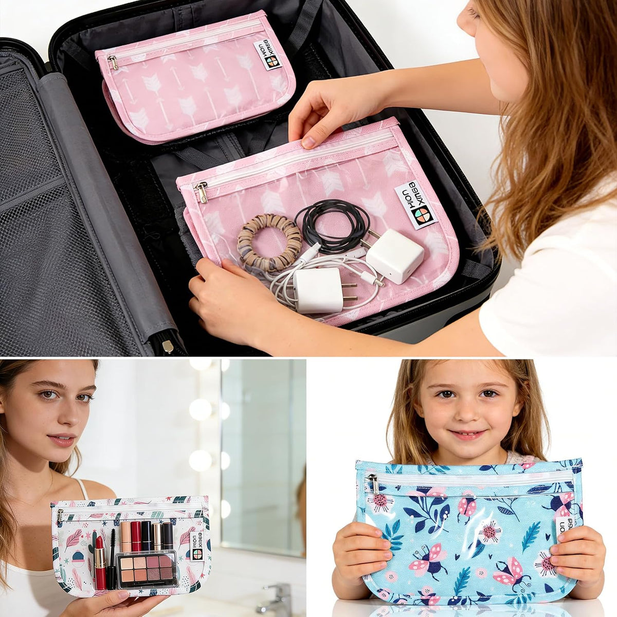 TSA Approved Toiletry Bag, Set of 3 Clear Travel Toiletry Bag Quart Size Zipper Travel Pouch, Waterproof Makeup Cosmetic Bag for Women Men Kids Toiletries Carry on, Flowers