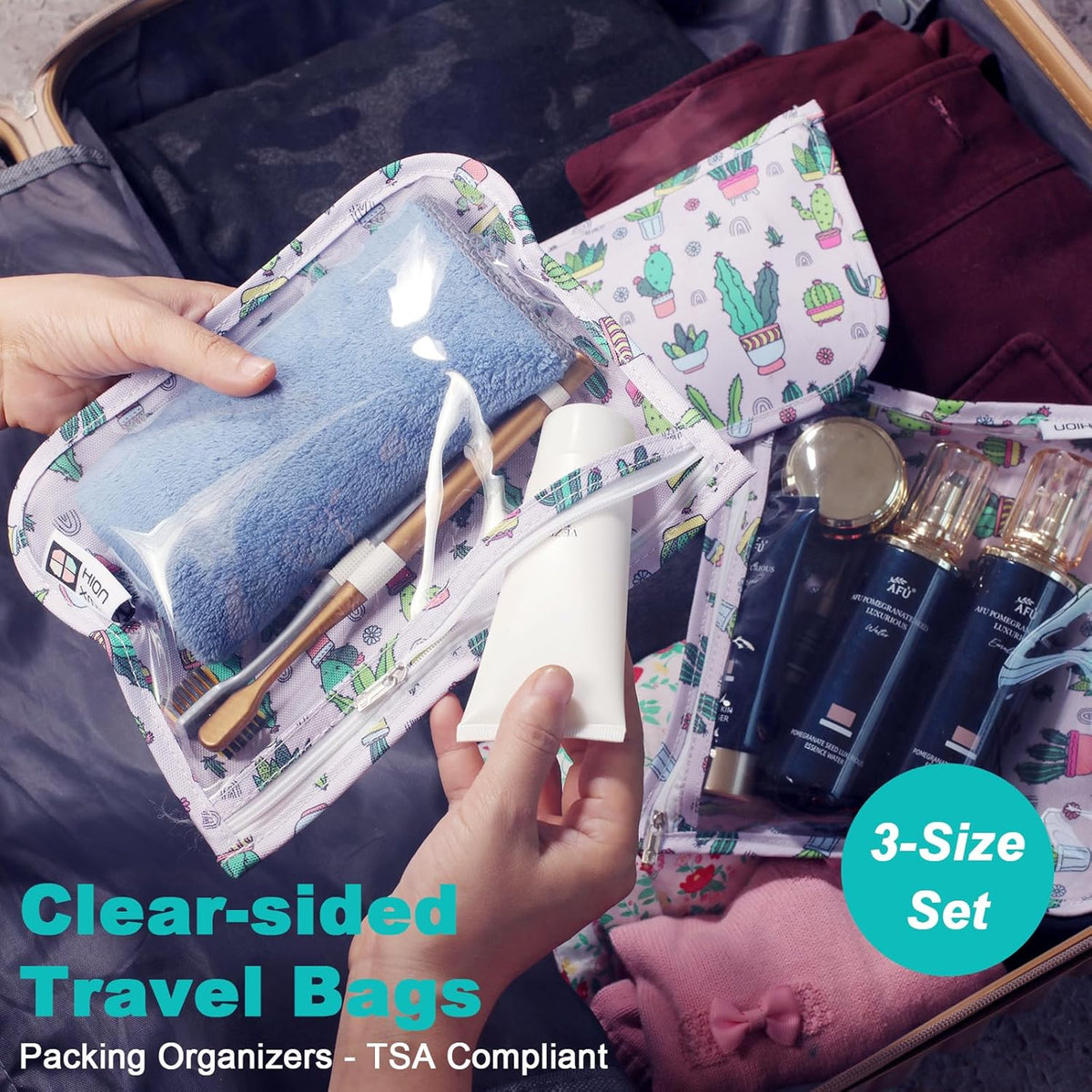 TSA Approved Toiletry Bag, Set of 3 Clear Travel Toiletry Bag Quart Size Zipper Travel Pouch, Waterproof Makeup Cosmetic Bag for Women Men Kids Toiletries Carry on, Flowers