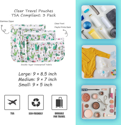TSA Approved Toiletry Bag, Set of 3 Clear Travel Toiletry Bag Quart Size Zipper Travel Pouch, Waterproof Makeup Cosmetic Bag for Women Men Kids Toiletries Carry on, Flowers