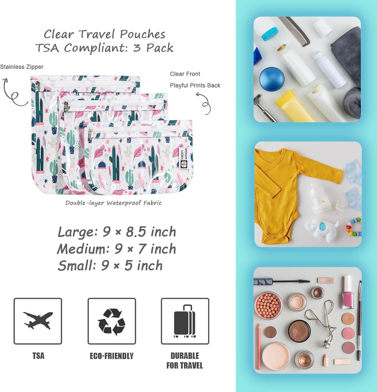 TSA Approved Toiletry Bag, Set of 3 Clear Travel Toiletry Bag Quart Size Zipper Travel Pouch, Waterproof Makeup Cosmetic Bag for Women Men Kids Toiletries Carry on, Flowers