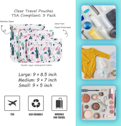 TSA Approved Toiletry Bag, Set of 3 Clear Travel Toiletry Bag Quart Size Zipper Travel Pouch, Waterproof Makeup Cosmetic Bag for Women Men Kids Toiletries Carry on, Flowers