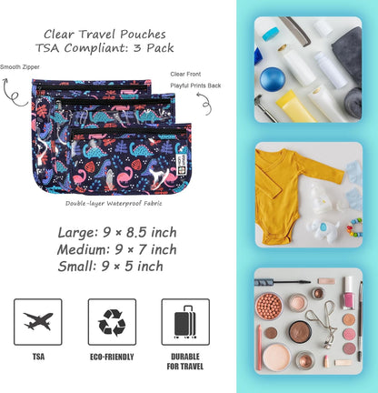 TSA Approved Toiletry Bag, Set of 3 Clear Travel Toiletry Bag Quart Size Zipper Travel Pouch, Waterproof Makeup Cosmetic Bag for Women Men Kids Toiletries Carry on, Flowers