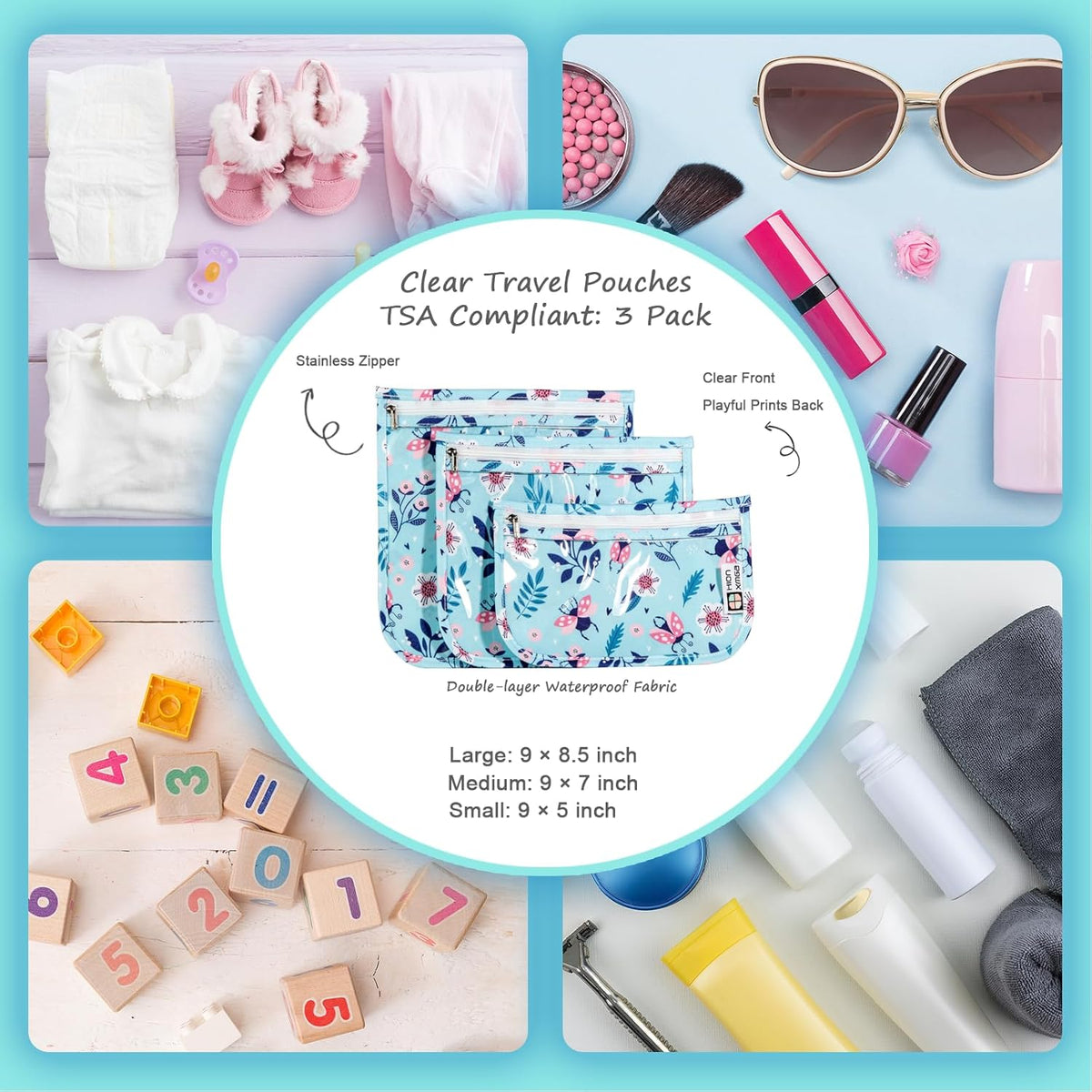 TSA Approved Toiletry Bag, Set of 3 Clear Travel Toiletry Bag Quart Size Zipper Travel Pouch, Waterproof Makeup Cosmetic Bag for Women Men Kids Toiletries Carry on, Flowers