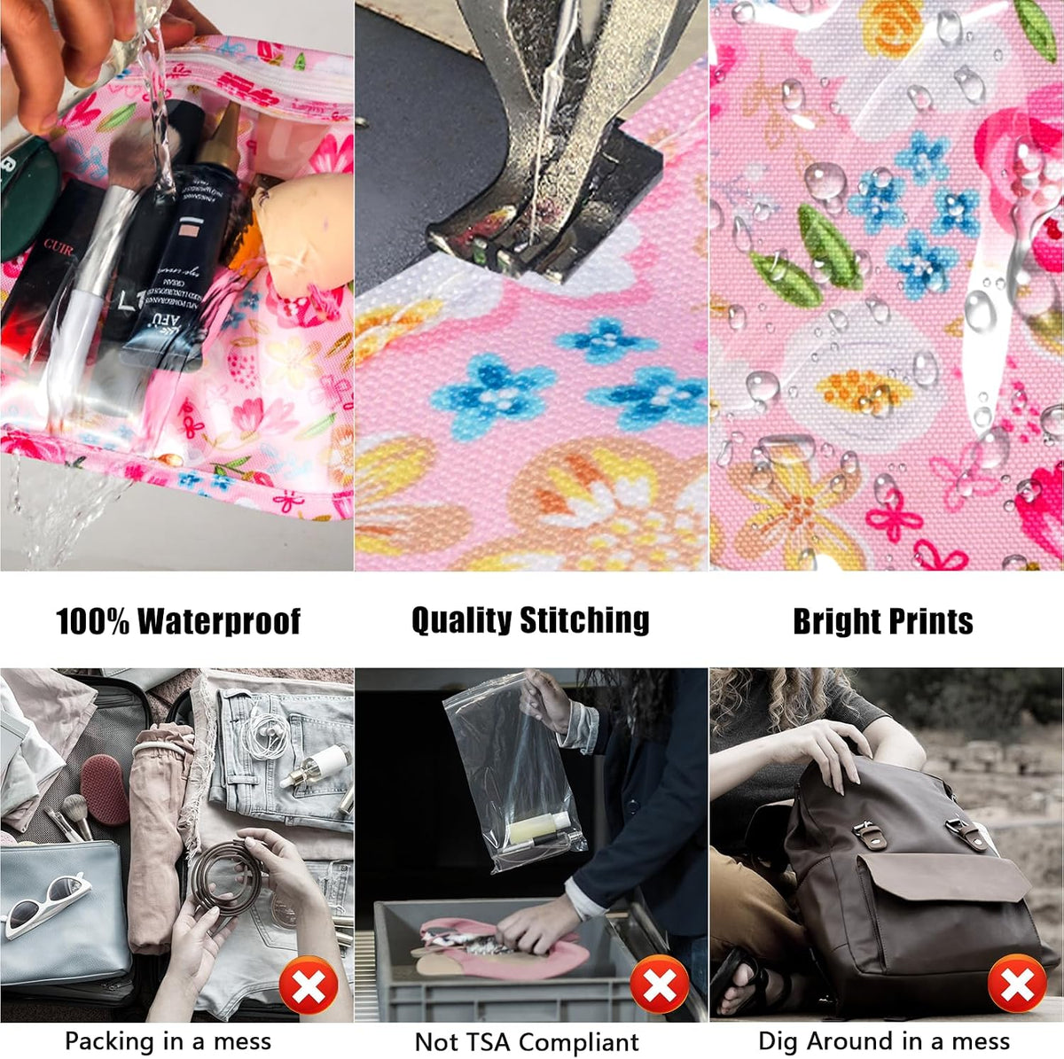 TSA Approved Toiletry Bag, Set of 3 Clear Travel Toiletry Bag Quart Size Zipper Travel Pouch, Waterproof Makeup Cosmetic Bag for Women Men Kids Toiletries Carry on, Flowers
