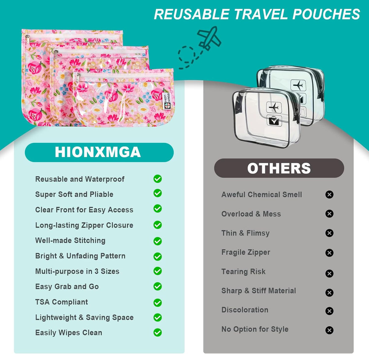 TSA Approved Toiletry Bag, Set of 3 Clear Travel Toiletry Bag Quart Size Zipper Travel Pouch, Waterproof Makeup Cosmetic Bag for Women Men Kids Toiletries Carry on, Flowers