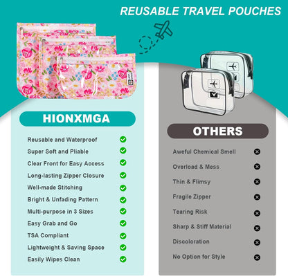 TSA Approved Toiletry Bag, Set of 3 Clear Travel Toiletry Bag Quart Size Zipper Travel Pouch, Waterproof Makeup Cosmetic Bag for Women Men Kids Toiletries Carry on, Flowers