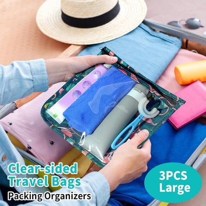 TSA Approved Toiletry Bag, Set of 3 Clear Travel Toiletry Bag Quart Size Zipper Travel Pouch, Waterproof Makeup Cosmetic Bag for Women Men Kids Toiletries Carry on, Flowers