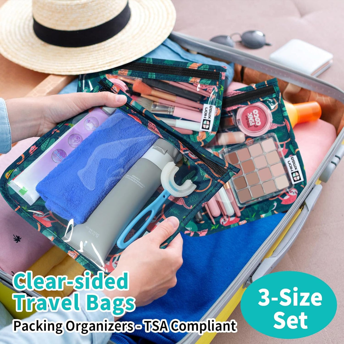 TSA Approved Toiletry Bag, Set of 3 Clear Travel Toiletry Bag Quart Size Zipper Travel Pouch, Waterproof Makeup Cosmetic Bag for Women Men Kids Toiletries Carry on, Flowers