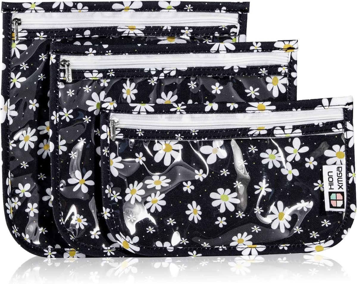 TSA Approved Toiletry Bag, Set of 3 Clear Travel Toiletry Bag Quart Size Zipper Travel Pouch, Waterproof Makeup Cosmetic Bag for Women Men Kids Toiletries Carry on, Flowers