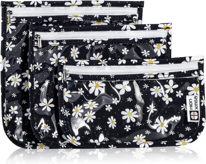 TSA Approved Toiletry Bag, Set of 3 Clear Travel Toiletry Bag Quart Size Zipper Travel Pouch, Waterproof Makeup Cosmetic Bag for Women Men Kids Toiletries Carry on, Flowers