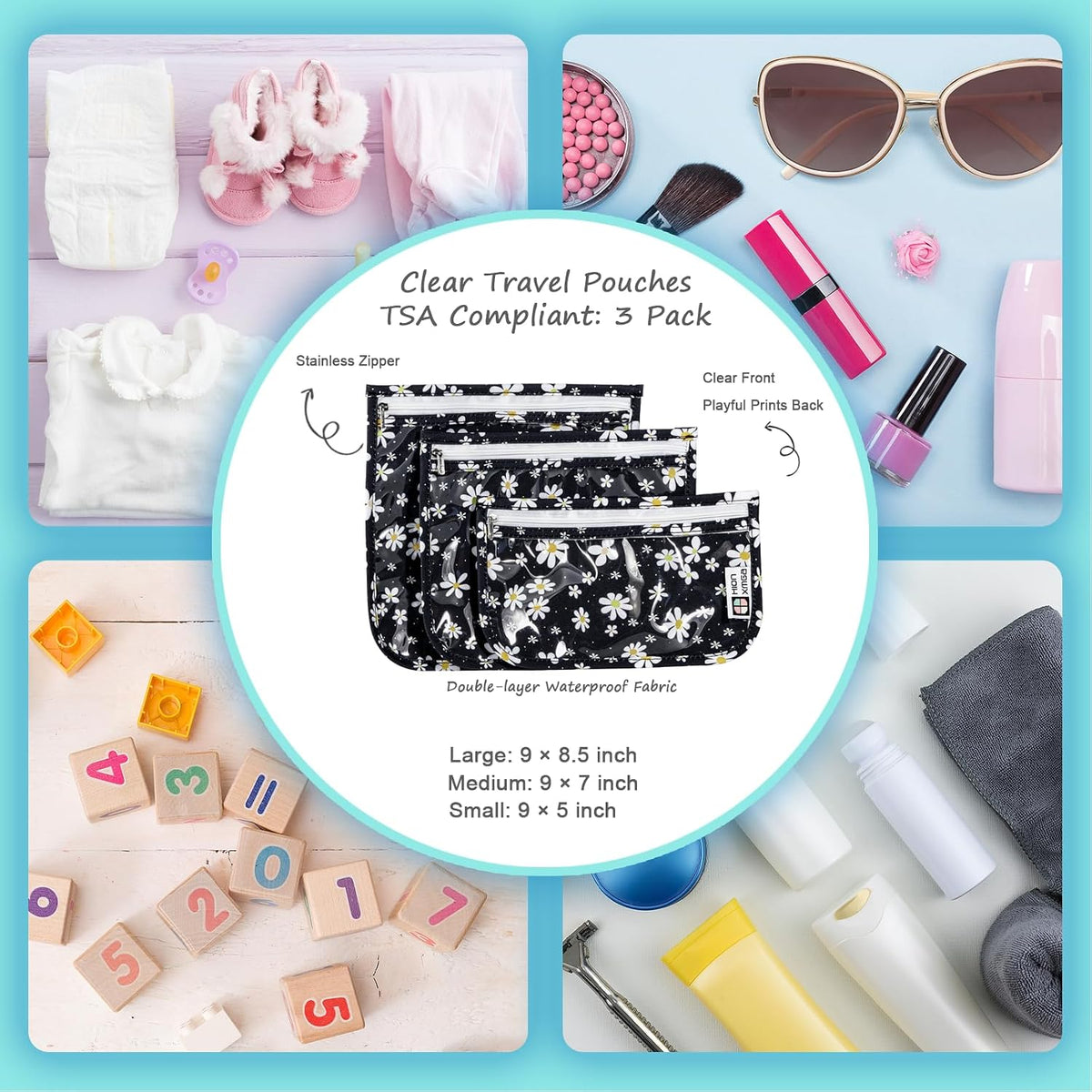 TSA Approved Toiletry Bag, Set of 3 Clear Travel Toiletry Bag Quart Size Zipper Travel Pouch, Waterproof Makeup Cosmetic Bag for Women Men Kids Toiletries Carry on, Flowers