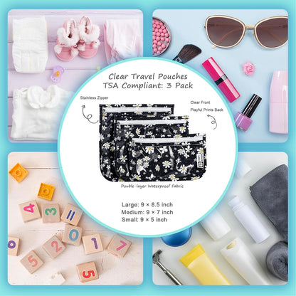 TSA Approved Toiletry Bag, Set of 3 Clear Travel Toiletry Bag Quart Size Zipper Travel Pouch, Waterproof Makeup Cosmetic Bag for Women Men Kids Toiletries Carry on, Flowers