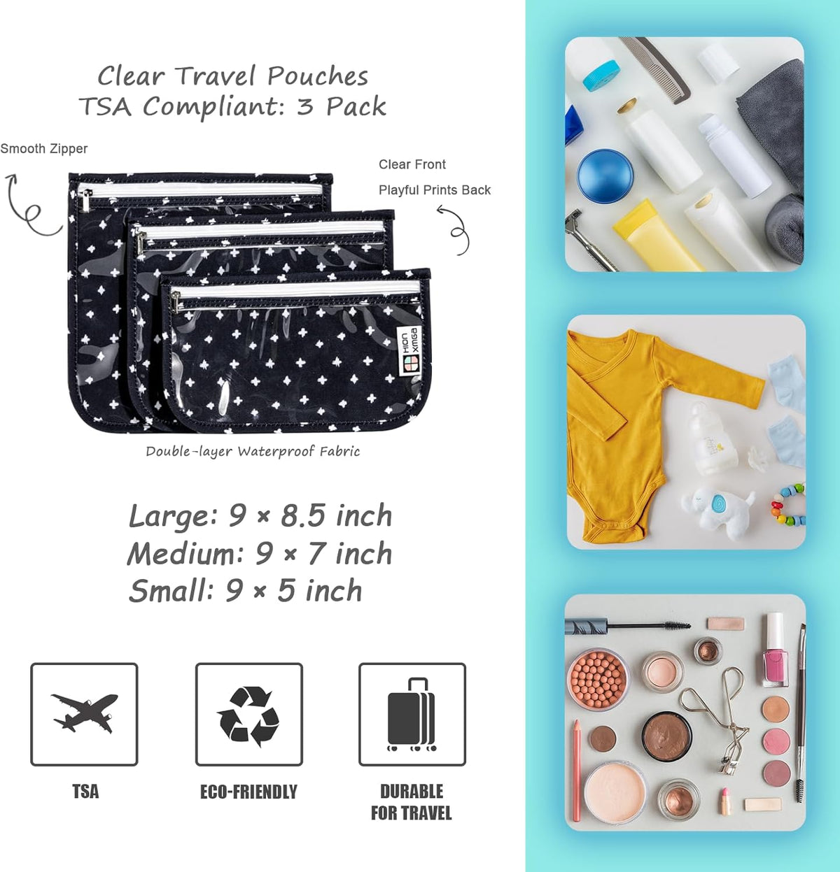 TSA Approved Toiletry Bag, Set of 3 Clear Travel Toiletry Bag Quart Size Zipper Travel Pouch, Waterproof Makeup Cosmetic Bag for Women Men Kids Toiletries Carry on, Flowers