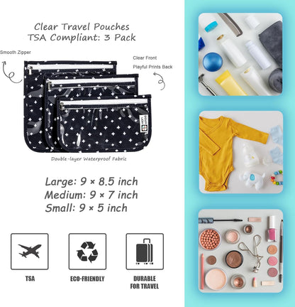 TSA Approved Toiletry Bag, Set of 3 Clear Travel Toiletry Bag Quart Size Zipper Travel Pouch, Waterproof Makeup Cosmetic Bag for Women Men Kids Toiletries Carry on, Flowers