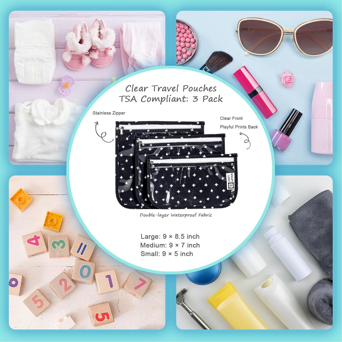 TSA Approved Toiletry Bag, Set of 3 Clear Travel Toiletry Bag Quart Size Zipper Travel Pouch, Waterproof Makeup Cosmetic Bag for Women Men Kids Toiletries Carry on, Flowers