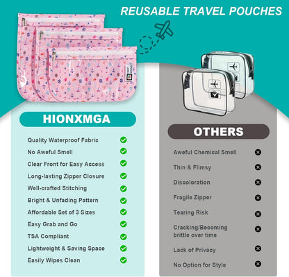 TSA Approved Toiletry Bag, Set of 3 Clear Travel Toiletry Bag Quart Size Zipper Travel Pouch, Waterproof Makeup Cosmetic Bag for Women Men Kids Toiletries Carry on, Flowers