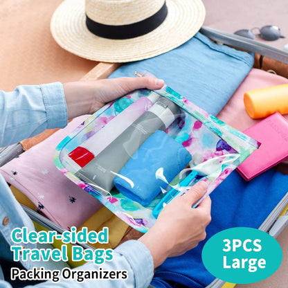 TSA Approved Toiletry Bag, Set of 3 Clear Travel Toiletry Bag Quart Size Zipper Travel Pouch, Waterproof Makeup Cosmetic Bag for Women Men Kids Toiletries Carry on, Flowers