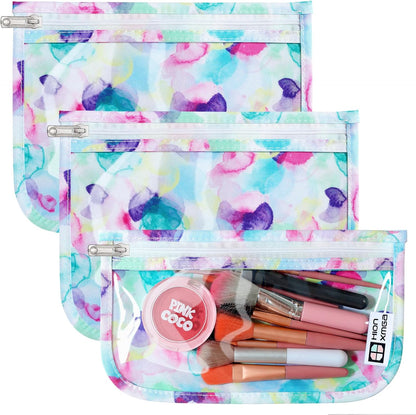 TSA Approved Toiletry Bag, Set of 3 Clear Travel Toiletry Bag Quart Size Zipper Travel Pouch, Waterproof Makeup Cosmetic Bag for Women Men Kids Toiletries Carry on, Flowers