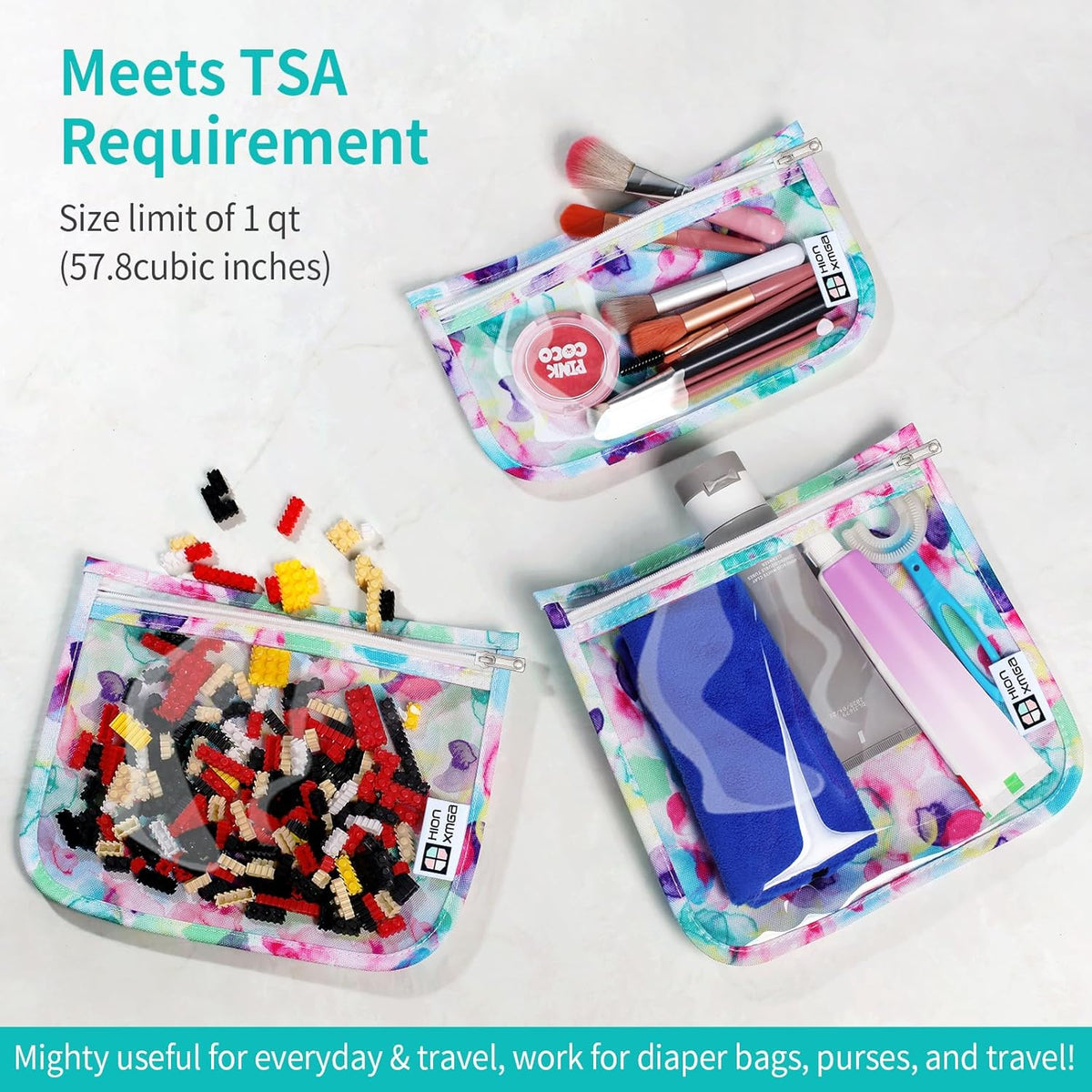 TSA Approved Toiletry Bag, Set of 3 Clear Travel Toiletry Bag Quart Size Zipper Travel Pouch, Waterproof Makeup Cosmetic Bag for Women Men Kids Toiletries Carry on, Flowers