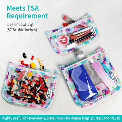 TSA Approved Toiletry Bag, Set of 3 Clear Travel Toiletry Bag Quart Size Zipper Travel Pouch, Waterproof Makeup Cosmetic Bag for Women Men Kids Toiletries Carry on, Flowers