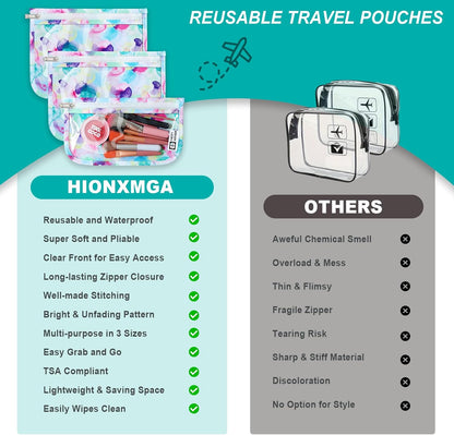 TSA Approved Toiletry Bag, Set of 3 Clear Travel Toiletry Bag Quart Size Zipper Travel Pouch, Waterproof Makeup Cosmetic Bag for Women Men Kids Toiletries Carry on, Flowers