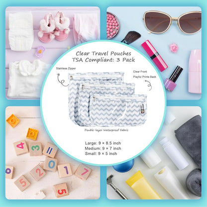 TSA Approved Toiletry Bag, Set of 3 Clear Travel Toiletry Bag Quart Size Zipper Travel Pouch, Waterproof Makeup Cosmetic Bag for Women Men Kids Toiletries Carry on, Flowers