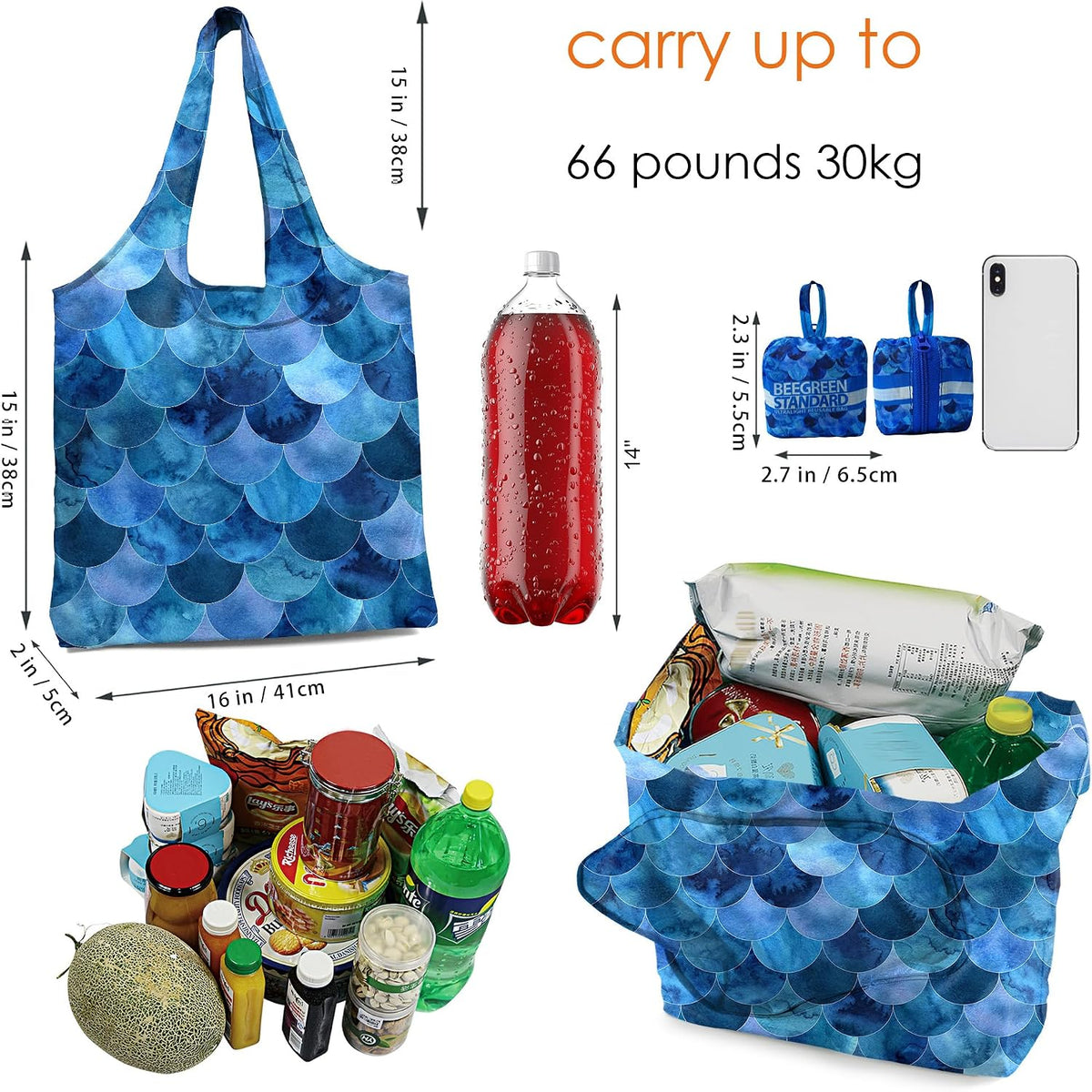 Reusable Grocery Shopping Bag -Travel Tote Bag - Foldable Compact Sturdy Bags