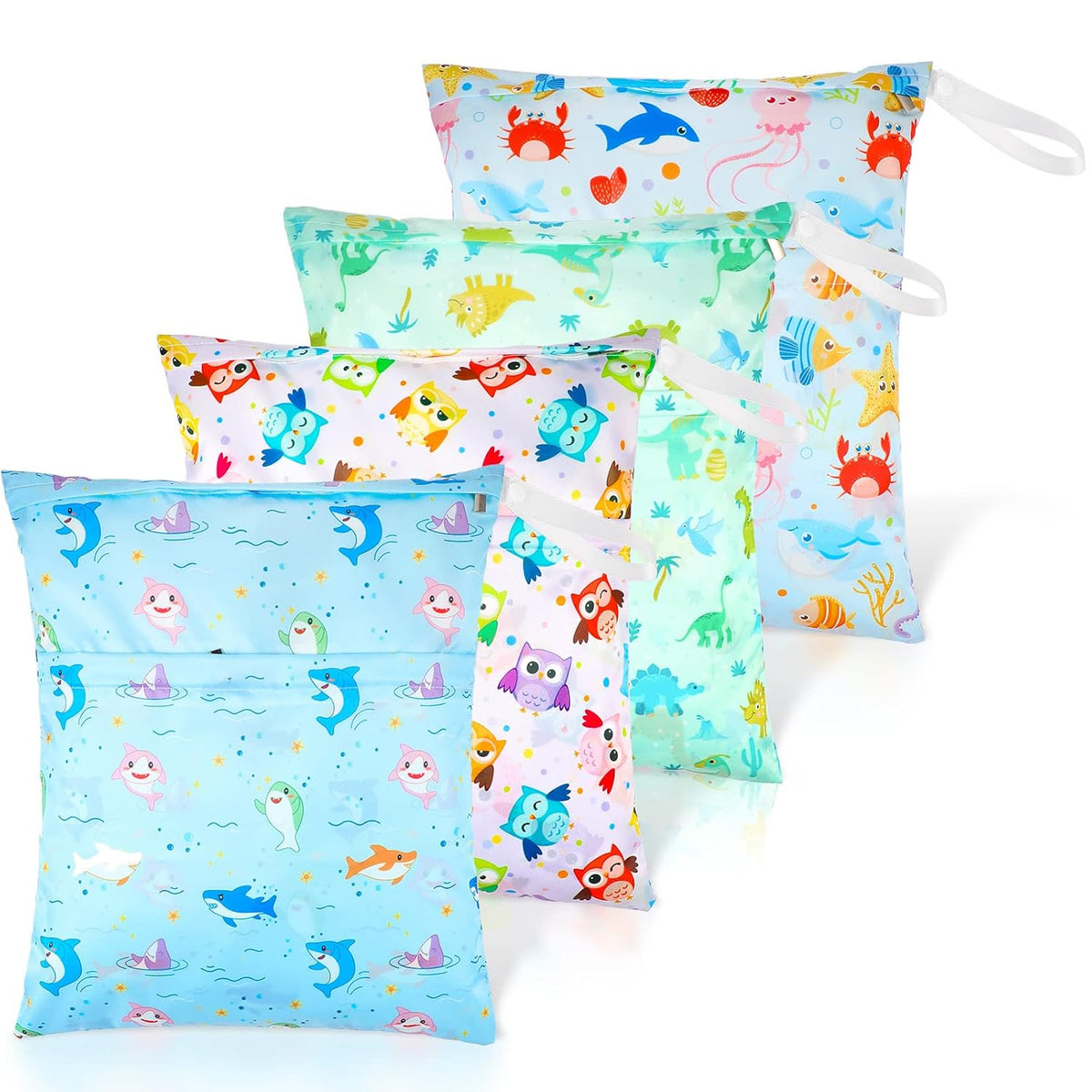 4 Pack 12 x 14 in Wet Bags for Swimsuits, Waterproof Reusable Travel Wet Dry Bags with Zippered Pockets for Beach Pool Swimwear, Towels, Gym, Cloth Diapers, Summer Vacation(Animal)
