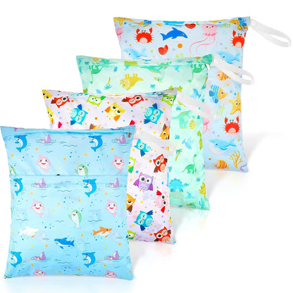 4 Pack 12 x 14 in Wet Bags for Swimsuits, Waterproof Reusable Travel Wet Dry Bags with Zippered Pockets for Beach Pool Swimwear, Towels, Gym, Cloth Diapers, Summer Vacation(Animal)
