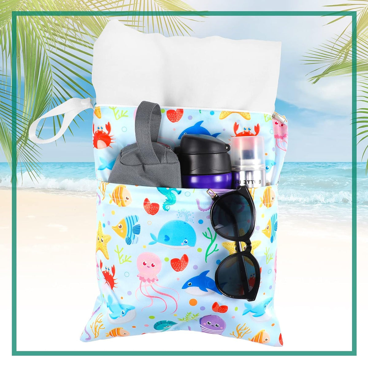4 Pack 12 x 14 in Wet Bags for Swimsuits, Waterproof Reusable Travel Wet Dry Bags with Zippered Pockets for Beach Pool Swimwear, Towels, Gym, Cloth Diapers, Summer Vacation(Animal)
