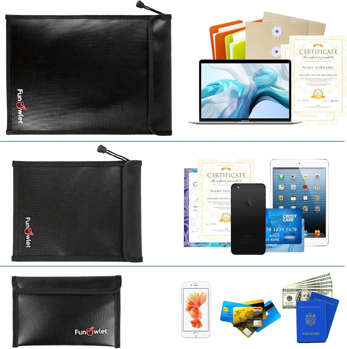 Fireproof Waterproof Money Document Bag, 3Pack Safe Pouch | Fire and Water Resistant ,Zipper Storage Organizer, for Important Papers, Cash, Passports, Jewelry & Electronics, Gray