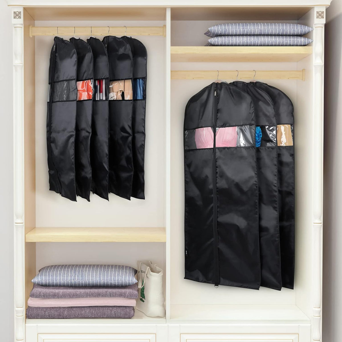 60 '' Foldable Extra Long Dress Garment Bag, Premium Breathable & Tear-resistant Hanging Dress Cover for Travel and Closet Storage with Mesh Shoe Pocket and 2 Carry Handles